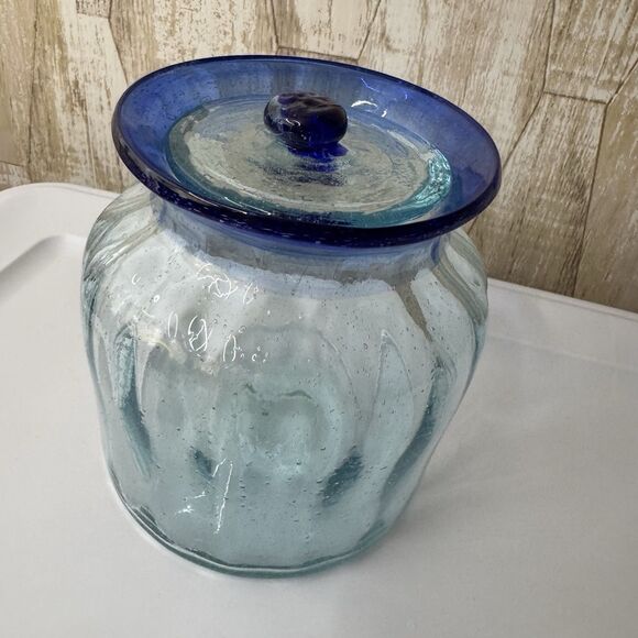 Hand Blown Glass Canister Mexico with lid Blue Rim Biscuit Cookie Jar 6”x4” Farm - Picture 3 of 16